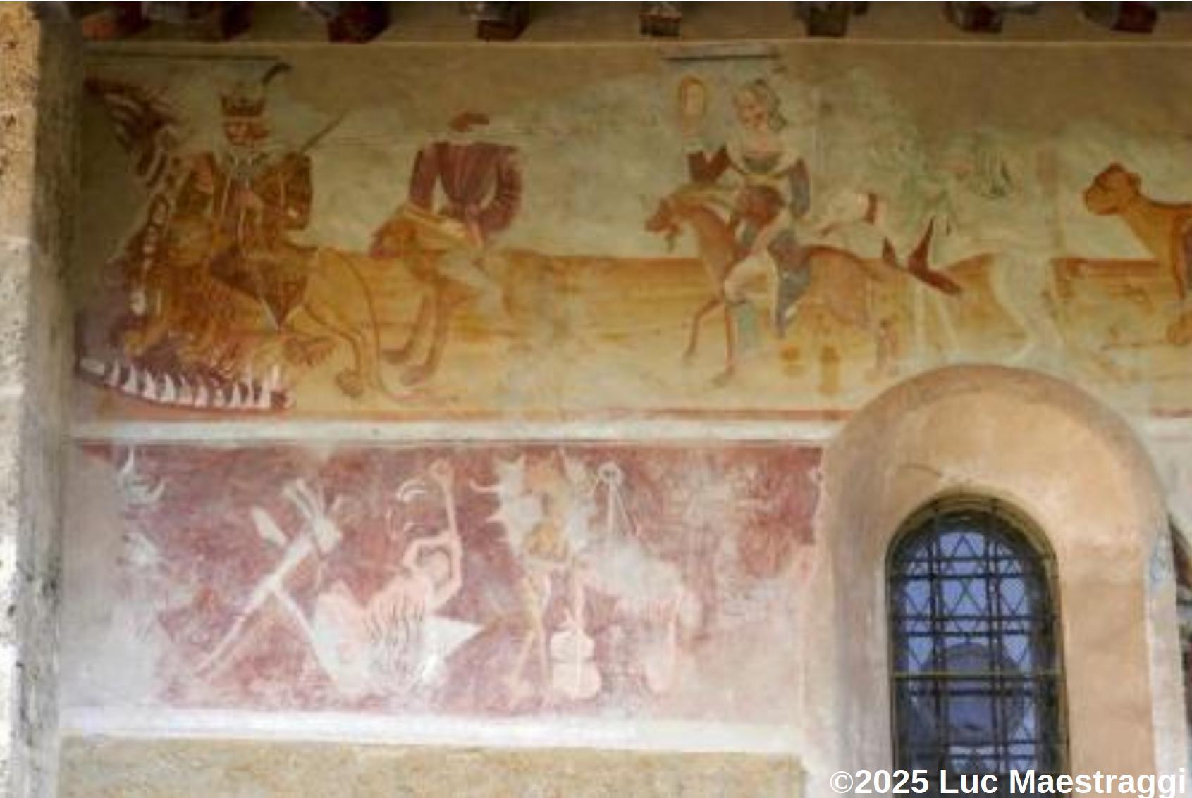 Photo de la peinture murale de l'église Saint-Laurent des Vigneaux représentant La Cavalcade des Vices