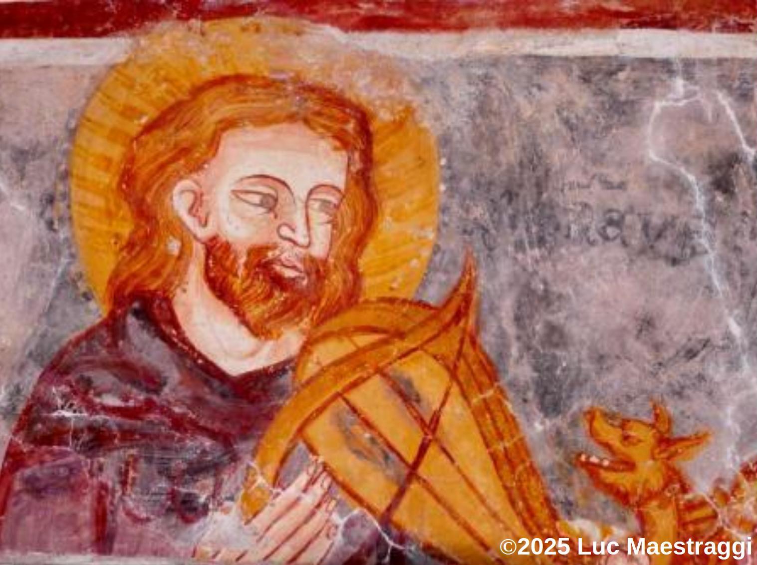 Photo de la peinture murales de la chapelle Saint-Vincent représentant un saint musicien au rebec