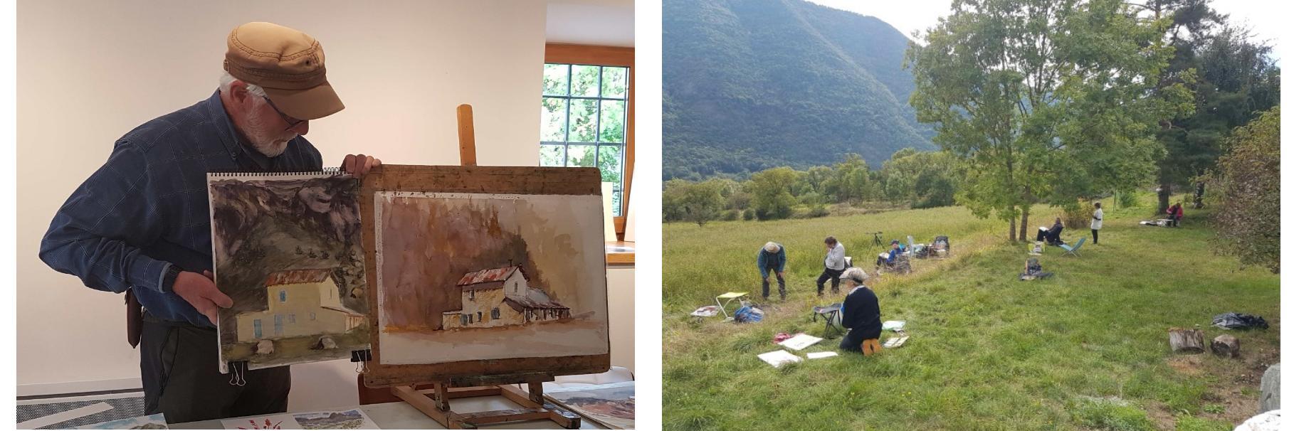 Entête Stage peinture sur le motif 2026 Robin commentant des réalisations et les stagiaires sur le terrain