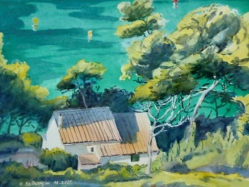 Une maison sous les pins en bord de mer -aquarelle